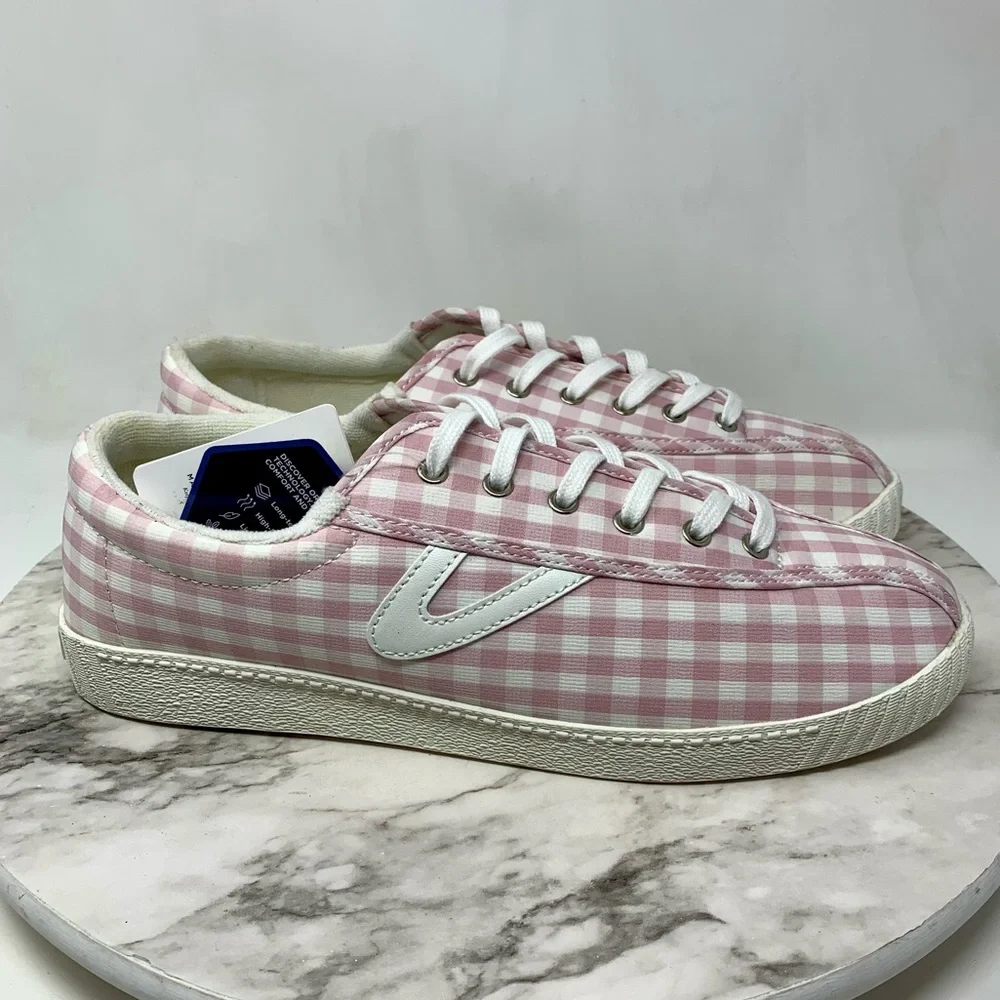 Tretorn Nylite Plus Lace Up Pink Gingham Sneakers 11 Retro Classic Preppy Casual - Picture 2 of 15
